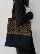 豹纹包包灯芯绒帆布包复古拼接时尚文艺单肩布袋子个性手提袋