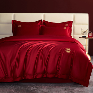 简约双喜新婚庆(新婚庆，)四件套100s长绒棉，大红色刺绣纯棉被套结婚床上用品