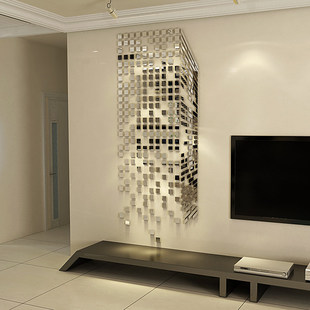 马赛克镜子瓷砖贴纸电视背景，墙面格栅装饰画客厅，亚克力3d立体布置