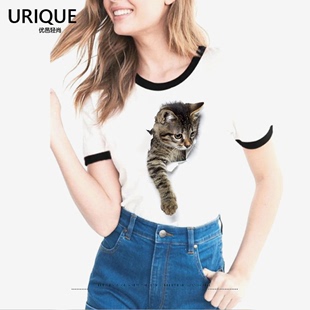 3d立体逼真萌猫咪图案印花莫代尔，t恤女修身款，短袖可爱动物甜美t恤