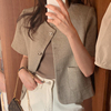 韩国chic夏季复古简约圆领，单排扣双口袋宽松休闲百搭短袖外套女