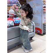 韩国童装女童长袖t恤春季洋气女宝宝，字母时尚体恤儿童假两件上衣