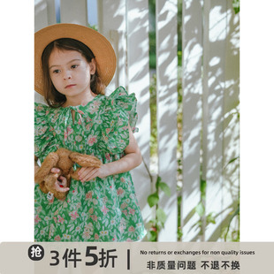 史豌豆(史豌豆)女童夏装2023连衣裙，儿童绿色飞袖甜美上衣宝宝短衬衫裙