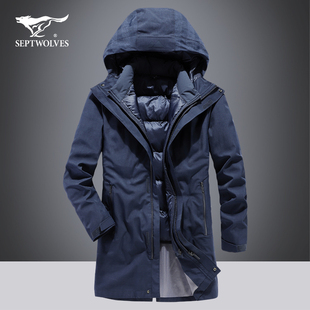 七匹狼三合一冲锋衣男冬季中长款外套高级感冬装，加绒加厚保暖夹克