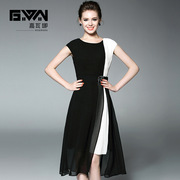 圆领通勤黑白连衣裙款韩版时尚撞色拼接雪纺小个子中长款显瘦
