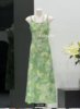 显白绿色蝴蝶雪纺吊带裙修身连衣裙女夏季度假裙长裙