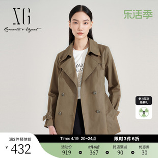 xg雪歌通勤简约中长款长袖风衣，2023秋季大翻领设计棕色外套女