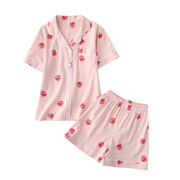 可爱草莓全棉短袖短裤女童，套装甜美休闲家居服，春秋季纯棉睡衣