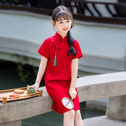 女童旗袍夏红色旗开得胜送考儿童中国风新款生日小女孩中式连衣裙