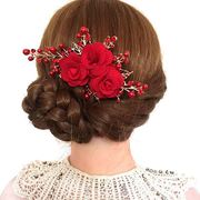 结婚婆婆头花新娘红色头饰玫瑰，金叶子(金叶子，)花朵发夹舞台演出盘发头花女