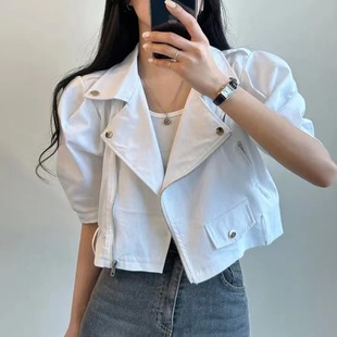 韩国chic夏季洋气短款夹克外套，女宽松显瘦气质百搭短袖机车服上衣