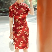 女士真丝旗袍2023桑蚕丝中国风改良印花年轻气质款高端红色连衣裙
