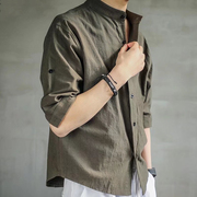 七分袖衬衫男夏季韩版潮流立领帅气亚麻短袖，衬衣中袖棉麻寸衫男士