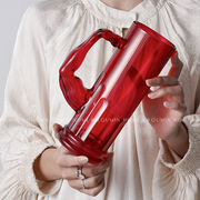 趣皿个性创意大容量玻璃杯大力士，果汁杯红色带，把高颜值水杯啤酒杯