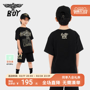 BOY童装短袖男女童夏季黑色圆领朋克老鹰印花T恤K01032
