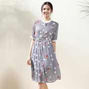 韩版优雅印花裙，女装2024年夏季中长款立领中袖条纹，衬衫连衣裙
