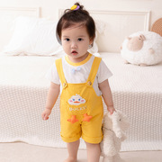黄色婴儿小鸭子造型夏季小童女宝宝短袖T恤背带裤短裤两件套装