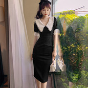 法式复古减龄娃娃领连衣裙，夏气质(夏气质，)蕾丝拼接修身性感包臀小黑裙