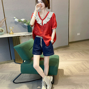 v领红色荷叶边短袖衬衫，女小个子设计感小众薄款上衣夏季2024
