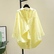 黄色棉衬衫女长袖中长款衬衣2024春季韩版宽松小清新休闲上衣