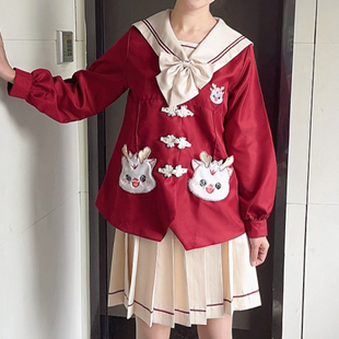 日系水手服幼稚园jk制服，套装原创正版秋冬红色可爱萌龙新年战袍长