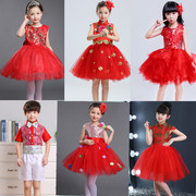 儿童表演服女童公主裙中小学生合唱演出服幼儿舞蹈蓬蓬纱裙红色