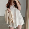 韩国chic夏季小众减龄圆领宽松荷叶边无袖，雪纺背心娃娃连衣裙短裙