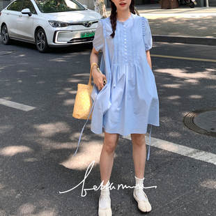 BM5.18威尼斯假日 圆领系带夏季短袖衬衫裙显白蓝短裙