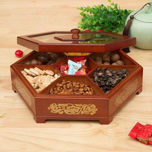 中式果盘干果盒木质糖果盒干果盘，家用分格，零食盒坚果盒结婚喜糖盒