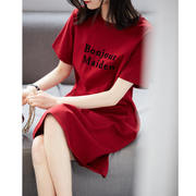 い红色植绒丝光棉显瘦T恤连衣裙中长款夏季QZ392136MG