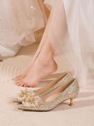 金色婚鞋女2023年新娘鞋，法式婚纱秀禾两穿高跟鞋，3cm低跟单鞋