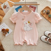 夏季薄款婴儿衣服粉色刺绣小兔子女宝连体衣爬爬服