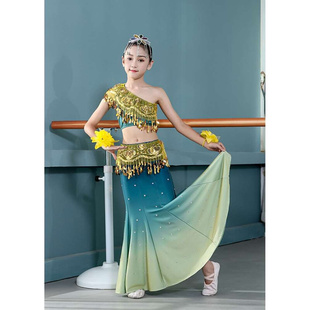 高档儿童傣族舞蹈演出服装女童孔雀舞服艺考等级包臀民族舞表