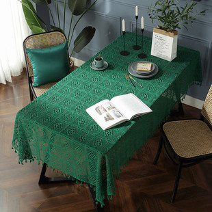 复古美式绿色钩针镂空钩花桌布，田园蕾丝文艺台布，茶几盖布拍摄道具