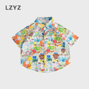 lzyz童装儿童衬衫男童短袖花衬衣，中小童洋气宽松纯棉薄款衬衣夏装
