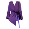 大码胖妹妹法式气质V领绸缎面绑带紫色衬衫女设计感收腰长袖衬衣