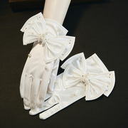 原创法式复古优雅缎面珍珠甜美双层蝴蝶结手套新娘，结婚礼服配饰品