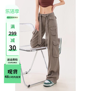 军绿色工装裤女春秋美式设计感小众高腰宽松直筒阔腿夏季裤子