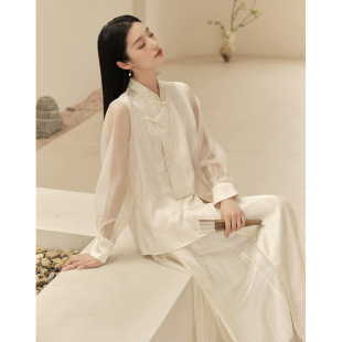 山有色夏季新中式国风女装，改良旗袍上衣，禅意茶服米白色半裙套装