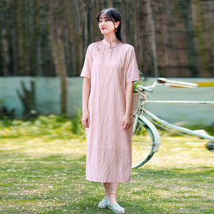 新中式改良短袖旗袍连衣裙 2022年夏垂感蝴蝶提花妈妈款粉色裙子