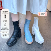 现韩国女鞋琪琪东大门ins时尚简约瘦瘦弹力靴防水台粗跟短靴