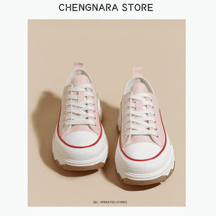 CHENGNARA STORE 粉色厚底帆布鞋女韩版波浪低帮增高百搭单鞋板鞋