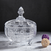 欧式水晶大三脚透明玻璃糖果罐创意，糖缸储物罐带盖防尘水果盘客厅