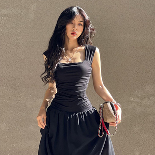 girlsat18纯欲宽肩带雪纺，吊带连衣裙女性感气质，优雅黑色显瘦裙子