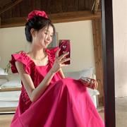 法式气质飞飞袖玫红色连衣裙女夏季方领裙子小众设计感长裙A字裙