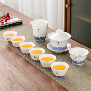 整套白瓷贴花茶具套装办公家用商务茶壶茶杯陶瓷商务茶具