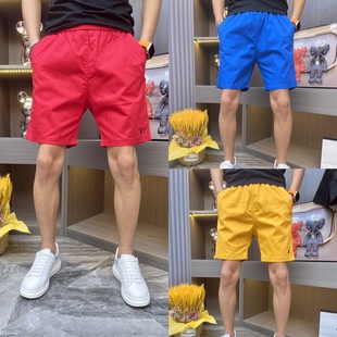 夏季糖果色短裤男彩色潮流情侣五分裤纯色刺绣休闲修身沙滩裤