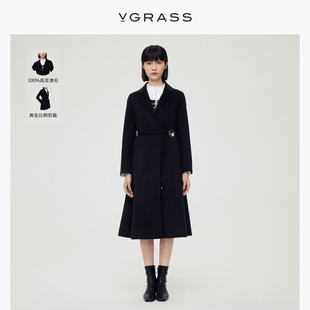 vgrass全羊毛连衣裙式毛呢，大衣女23冬黑色，毛呢外套vsd2o42780