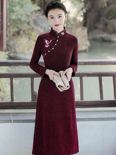 喜婆婆婚宴装旗袍枣红色，改良加厚冬款喜妈妈，中国风奥黛连衣裙长袖