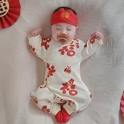 新生婴儿衣服秋冬打底婴幼儿红色，拜年服满月宝宝连体衣春秋纯棉